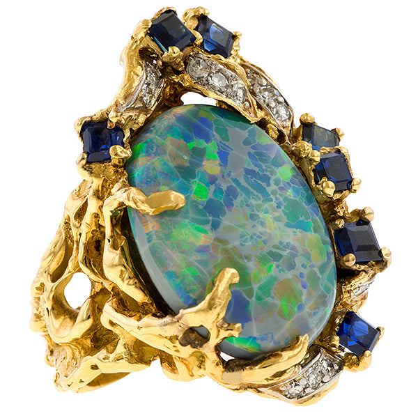 Vintage Arthur King Black Opal Ring with sapphires and diamonds in yellow gold, from Doyle & Doyle antique and vintage jewelry boutique