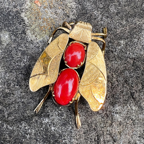 Vintage Coral Bee Pin sold by Doyle and Doyle an antique and vintage jewelry boutique