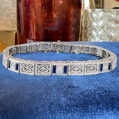 Art Deco Filigree Diamond & Sapphire Bracelet sold by Doyle and Doyle an antique and vintage jewelry boutique