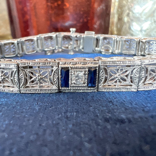 Art Deco Filigree Diamond & Sapphire Bracelet sold by Doyle and Doyle an antique and vintage jewelry boutique