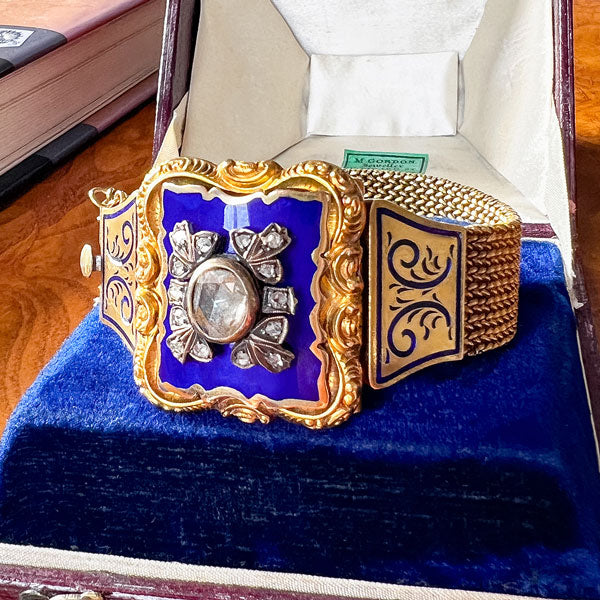Antique Rose Cut Diamond and Blue Enamel Bracelet, from Doyle & Doyle antique and vintage jewelry boutique