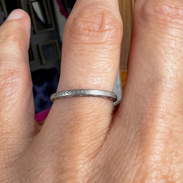 Vintage Patterned Platinum Wedding Band sold by Doyle and Doyle an antique and vintage jewelry boutique