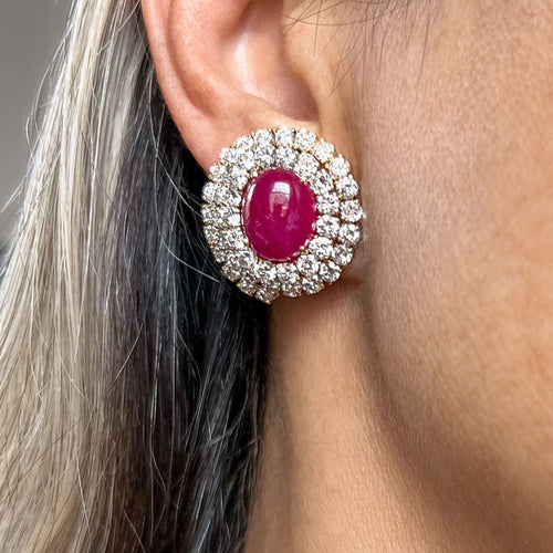 Vintage Cabochon Ruby & Diamond Clip Earrings, from Doyle & Doyle antique and vintage jewelry boutique