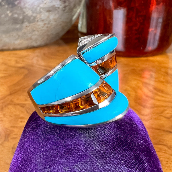 Vintage Citrine, Turquoise & Diamond Ring sold by Doyle and Doyle an antique and vintage jewelry boutique