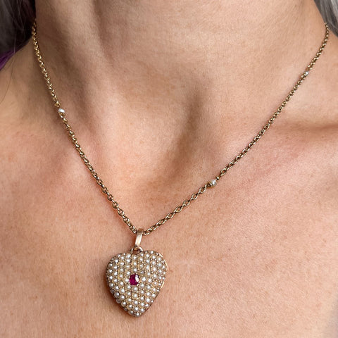 Victorian Ruby & Half Pearl Heart Pendant sold by Doyle and Doyle an antique and vintage jewelry boutique  