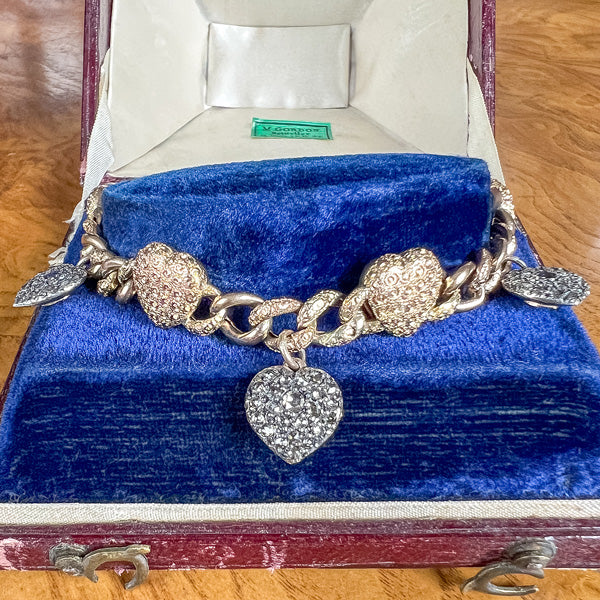 Antique Emerald, Sapphire, Amethyst & Diamond Heart Bracelet sold by Doyle and Doyle an antique and vintage jewelry boutique