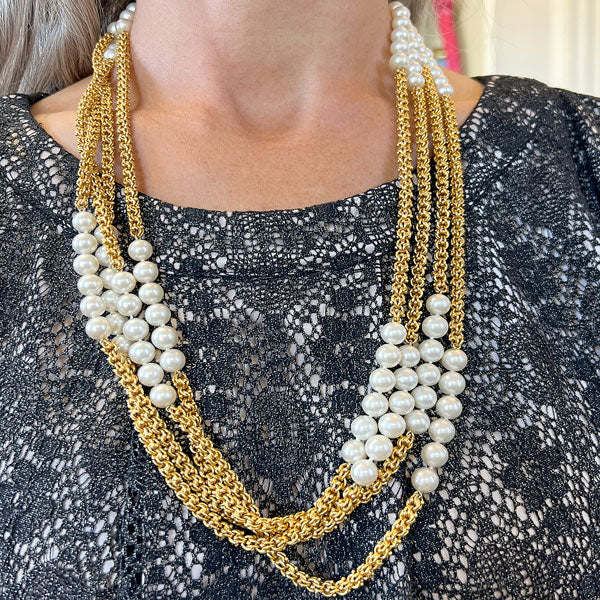Vintage Long Gold Chain with Pearl Stations, from Doyle & Doyle antique and vintage jewelry boutique