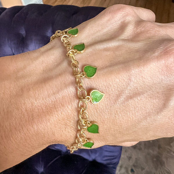 Vintage Green Enamel Heart Bracelet sold by Doyle and Doyle an antique and vintage jewelry boutique