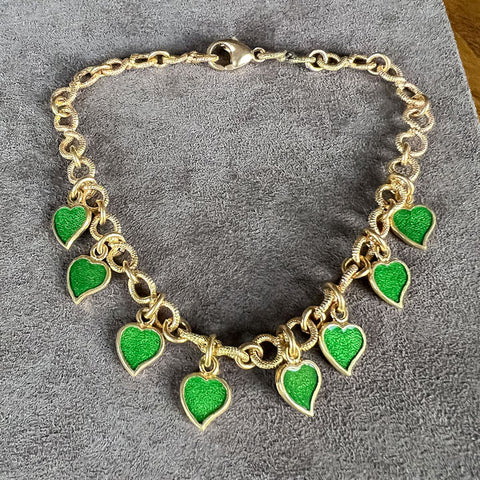 Vintage Green Enamel Heart Bracelet sold by Doyle and Doyle an antique and vintage jewelry boutique