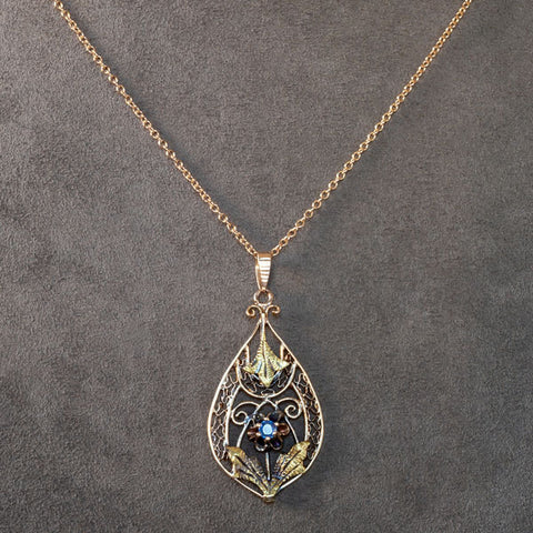 Antique Sapphire Filigree Lavalier Pendant Necklace