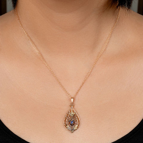 Antique Sapphire Filigree Lavalier Pendant Necklace