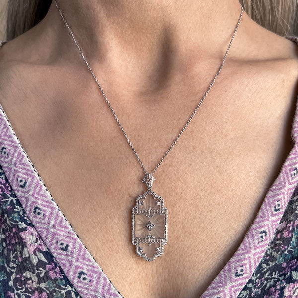 At Deco Rock Crystal Filigree Diamond Pendant, sold by Doyle & Doyle an antique and vintage jewelry boutique