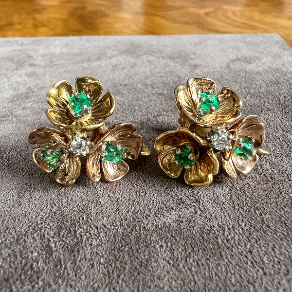 Vintage Diamond & Emerald Flower Earrings sold by Doyle and Doyle an antique and vintage jewelry boutique