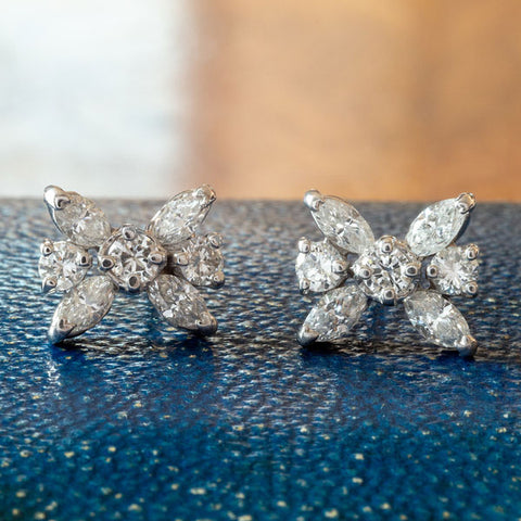 Vintage Marquise & Round Diamond Cluster Earrings sold by Doyle and Doyle an antique and vintage jewelry boutique