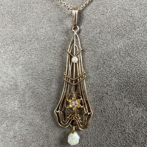 Antique Diamond and Pearl Lavalier Pendant Necklace sold by Doyle and Doyle an antique and vintage jewelry boutique