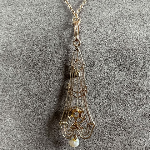 Antique Diamond and Pearl Lavalier Pendant Necklace sold by Doyle and Doyle an antique and vintage jewelry boutique