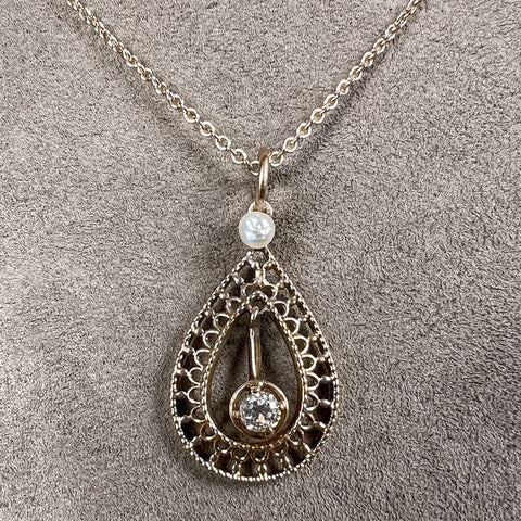 Antique Diamond Lavalier Pendant Necklace sold by Doyle and Doyle an antique and vintage jewelry boutique