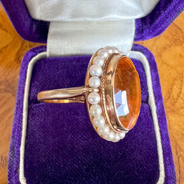 Retro Citrine & Pearl Ring sold by Doyle and Doyle an antique and vintage jewelry boutique