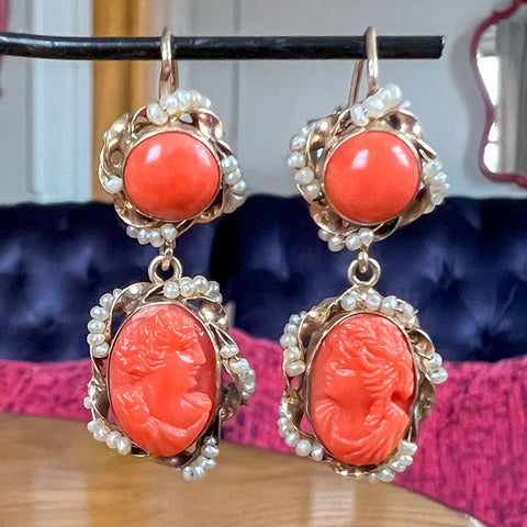 Antique Coral Cameo Drop Earrings sold by Doyle and Doyle an antique and vintage jewelry boutique