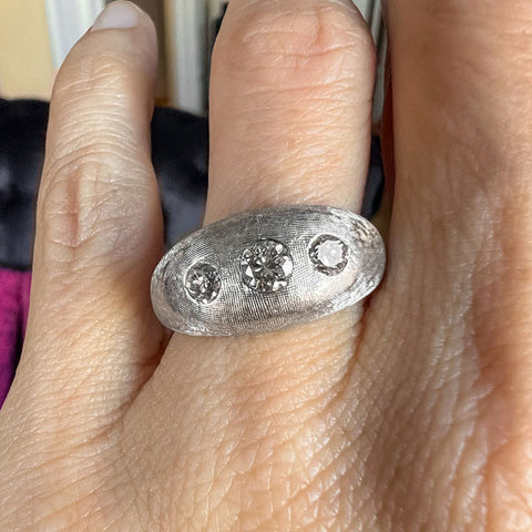 Vintage Three Stone Gypsy Set Diamond Ring sold by Doyle and Doyle an antique and vintage jewelry boutique