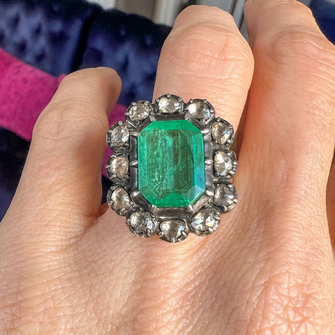 Antique Colombian Emerald & Rose Cut Diamond Ring sold by Doyle and Doyle an antique and vintage jewelry boutique