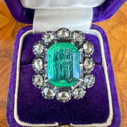 Antique Colombian Emerald & Rose Cut Diamond Ring sold by Doyle and Doyle an antique and vintage jewelry boutique