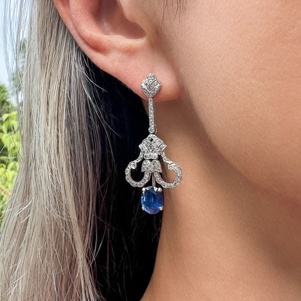 Estate Diamond & Sapphire Drop Earrings sold by Doyle and Doyle an antique and vintage jewelry boutique