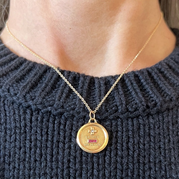 Antique French Gold Love Token Pendant with rubies, QU'HIER - QUE DEMAIN signed A. Augis, from Doyle & Doyle vintage and antique jeweler