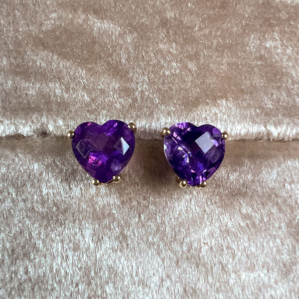 Amethyst Heart Stud Earrings sold by Doyle and Doyle an antique and vintage jewelry boutique