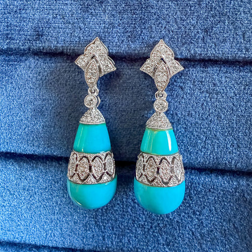 Estate Turquoise & Diamond Drop Earrings sold by Doyle and Doyle an antique and vintage jewelry boutique