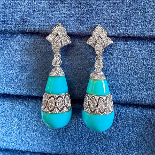 Estate Turquoise & Diamond Drop Earrings sold by Doyle and Doyle an antique and vintage jewelry boutique