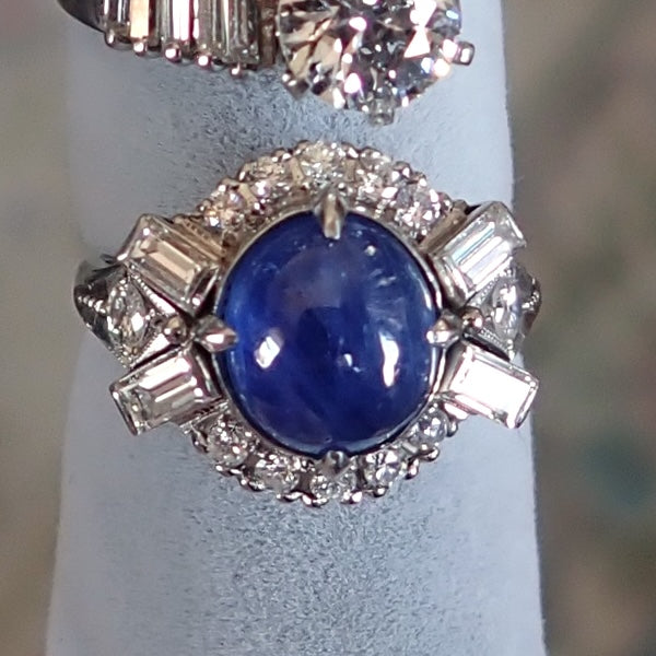 Vintage Cab Sapphire & Diamond Ring sold by Doyle and Doyle an antique and vintage jewelry boutique