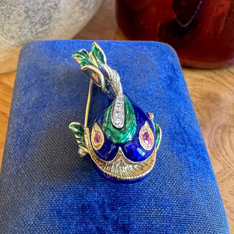Vintage Diamond Enamel Fish Pin sold by Doyle and Doyle an antique and vintage jewelry boutique