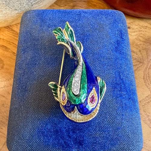 Vintage Diamond Enamel Fish Pin sold by Doyle and Doyle an antique and vintage jewelry boutique