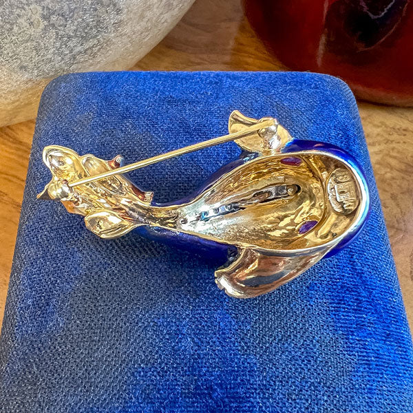 Vintage Diamond Enamel Fish Pin sold by Doyle and Doyle an antique and vintage jewelry boutique