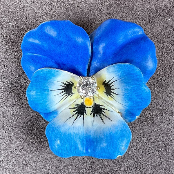 Vintage Diamond Enamel Pansy Pin sold by Doyle and Doyle an antique and vintage jewelry boutique