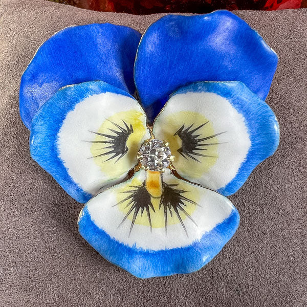 Vintage Diamond Enamel Pansy Pin sold by Doyle and Doyle an antique and vintage jewelry boutique