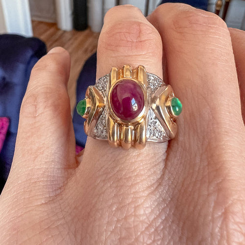 Vintage Ruby & Emerald Ring sold by Doyle and Doyle an antique and vintage jewelry boutique