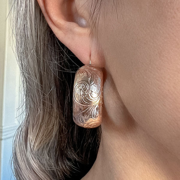 Vintage Engraved Rose Gold Hoops sold by Doyle and Doyle an antique and vintage jewelry boutique
