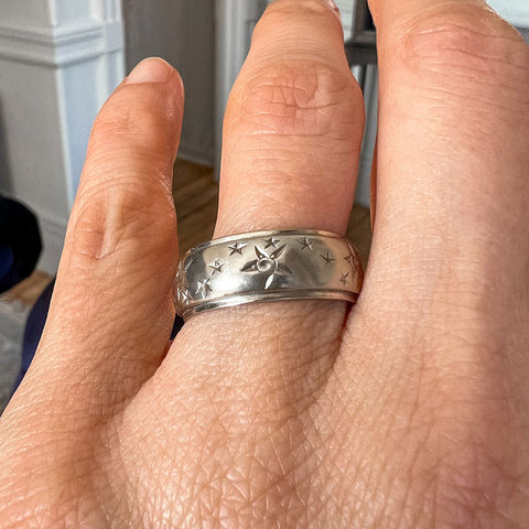 Vintage Star Pattern White Gold Wedding Band Ring sold by Doyle and Doyle an antique and vintage jewelry boutique
