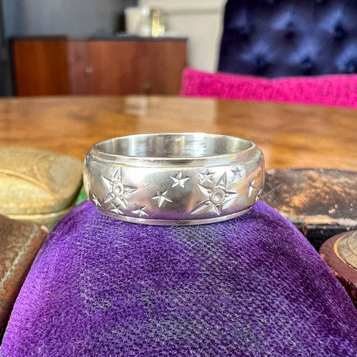 Vintage Star Pattern Wedding Band Ring in White Gold, sold by Doyle & Doyle antique and vintage jewelry boutique