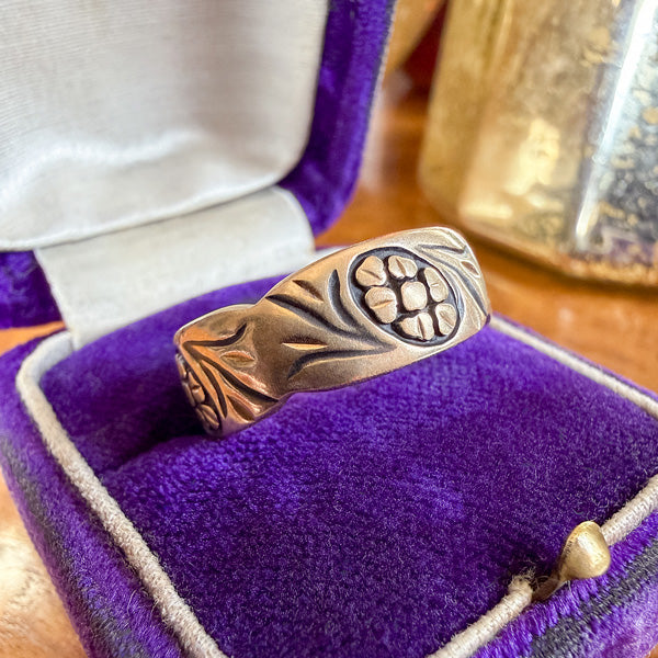 Vintage Floral Pattern Gold Wedding Band Ring sold by Doyle and Doyle an antique and vintage jewelry boutique