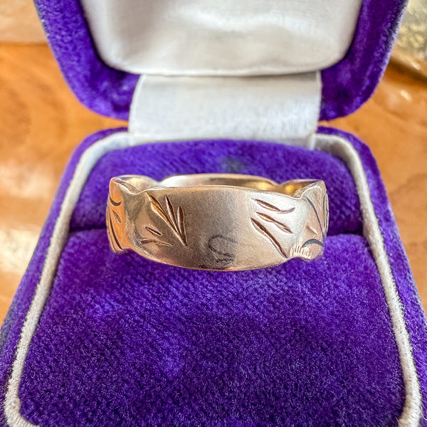 Vintage Floral Pattern Gold Wedding Band Ring sold by Doyle and Doyle an antique and vintage jewelry boutique