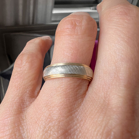 Vintage White & Yellow Gold Wedding Band Ring sold by Doyle and Doyle an antique and vintage jewelry boutique