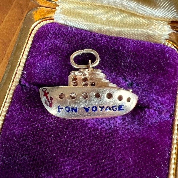 Vintage Gold Ship Charm with Bon Voyage enamel, from Doyle & Doyle vintage and antique jewelry boutique