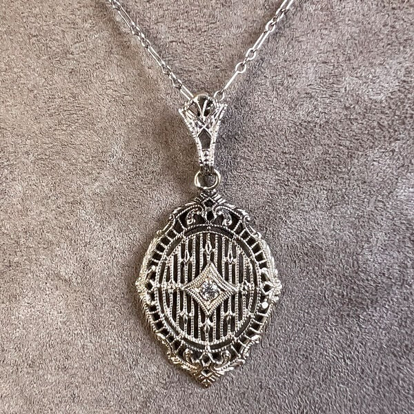 Vintage Diamond Filigree Lavalier Pendant Necklace, from Doyle & Doyle antique and vintage jewelry boutique