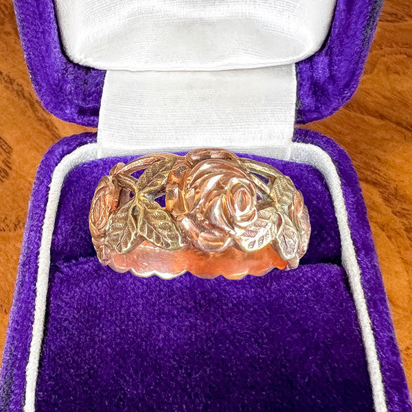 Vintage Art Carved Rose Band Ring sold by Doyle and Doyle an antique and vintage jewelry boutique
