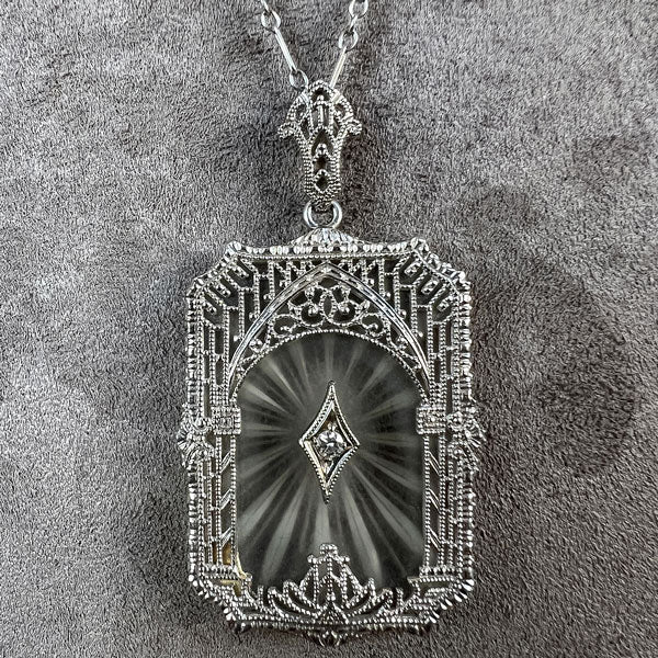 Vintage Diamond Rock Crystal Filigree Pendant Necklace sold by Doyle and Doyle an antique and vintage jewelry boutique