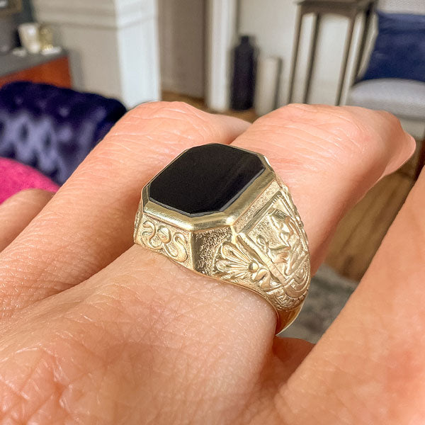 Egyptian Revival Onyx Ring sold by Doyle and Doyle an antique and vintage jewelry boutique