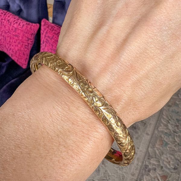 Antique Floral Patterned Gold Bangle Bracelet, from Doyle & Doyle antique and vintage jewelry boutique